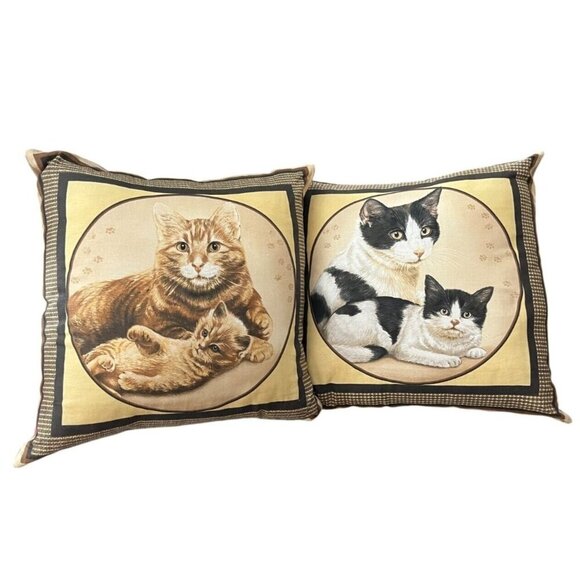 Vintage Cat Kitten Throw Pillows Square 16" x 16" Brown Microfibre Set of 2 - Picture 1 of 5